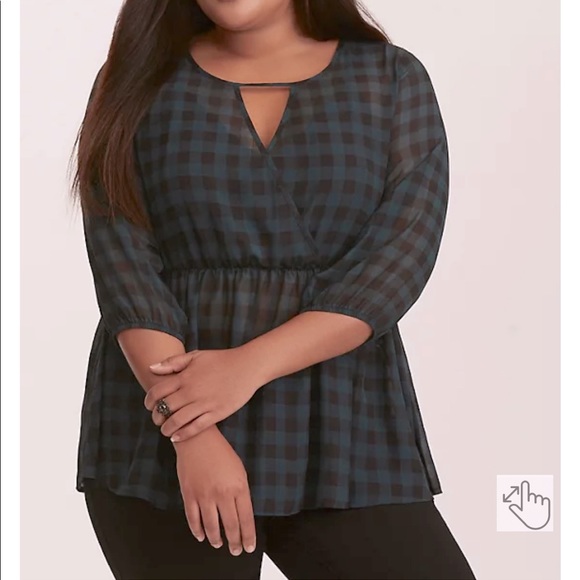 torrid Tops - Torrid Gingham Chiffon Surplice Peplum Blouse in Black Green